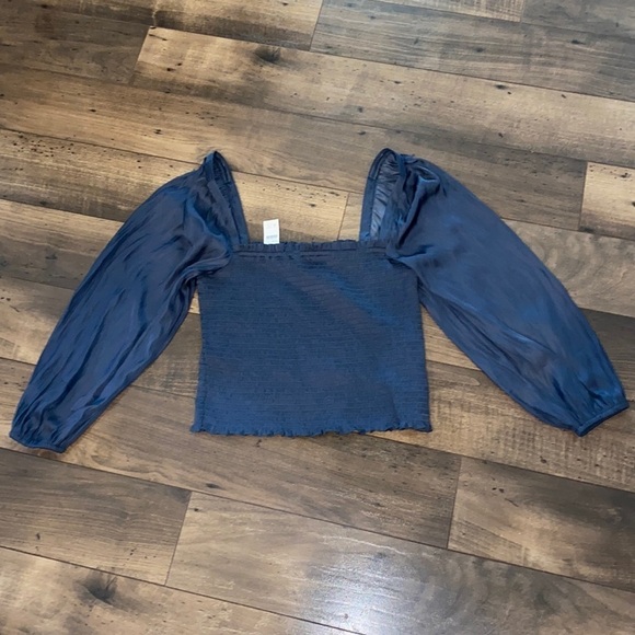 Puff balloon sleeve smocked square neck blouse NWT j crew silky blue - Picture 1 of 5
